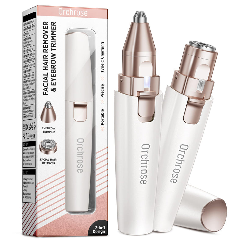 [Australia] - Facial Hair Remover for Women - 2 in 1 Eyebrow Trimmer and Rechargeable Eyebrow Razor - Hair Removal Device for Eyebrows Peach Fuzz Lips Arms with Light (Pearl White) Pearl White 
