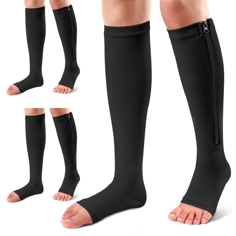 [Australia] - Ailaka 3 Pairs Zip Compression Socks 15-20mmHg Medical Knee Socks for Men Women Open Toe Socks for Varicose Veins Edema Recovery Pregnant Women Nurse Large/X-Large (3 Pairs) Black 
