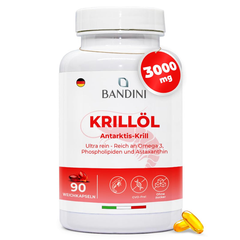 [Australia] - Bandini® Krill Oil Omega 3 Capsules 3000mg | Pure Antarctic Krill Oil, 465mg EPA & DHA, 1200mg marine phospholipids + Astaxanthin | For Heart & Blood Pressure (EFSA) | Alternative to fish oil | 90 soft gels 