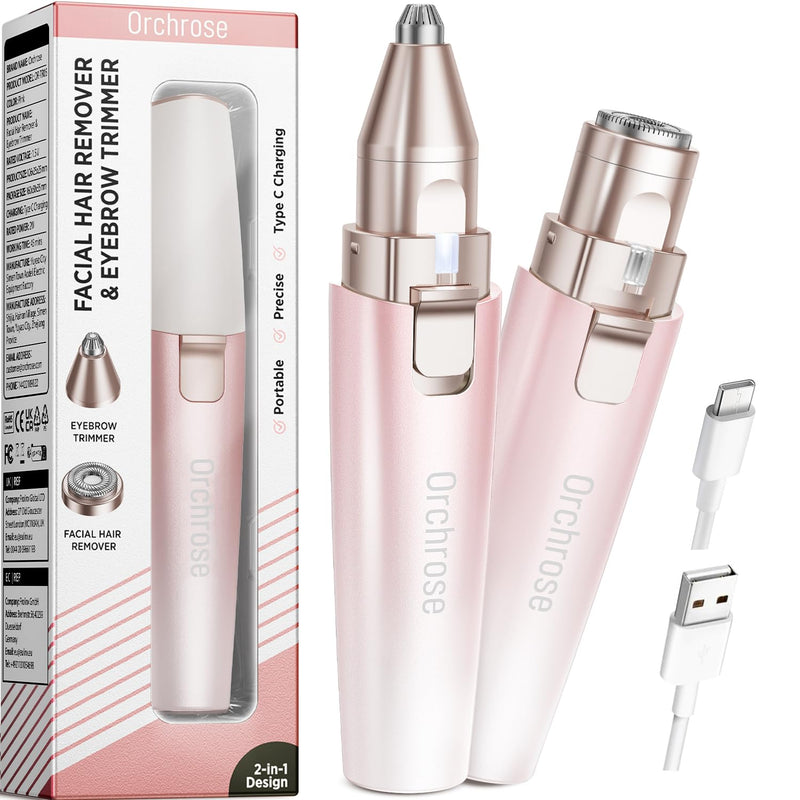 [Australia] - Facial Hair Remover for Women - 2 in 1 Eyebrow Trimmer and Rechargeable Eyebrow Razor - Hair Removal Device for Eyebrows Peach Fuzz Lips Arms with Light (Gradient Pink) Gradient Pink 