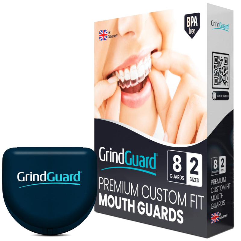 [Australia] - GrindGuard® Adult Mouthguards Against Bruxism, Clenching and TMJ Relief, 8 Gum Guards (2 Sizes) and Storage Case, Pack of 8, Clear 