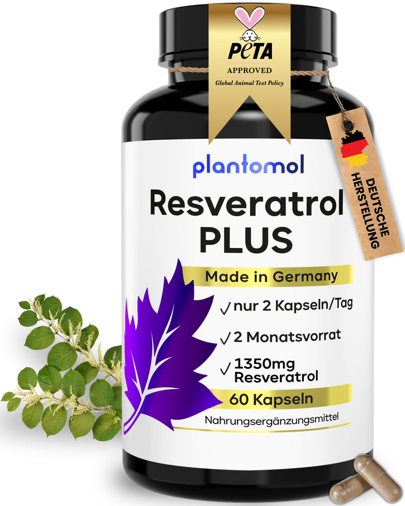 [Australia] - 60 Resveratrol PLUS capsules with 1350 mg resveratrol high dosage with 100:1 extract ratio - pure Resveratrol PLUS complex from plantomol® - only 2 capsules/day - high dosage with piperine - vegan 60 pieces (pack of 1) 