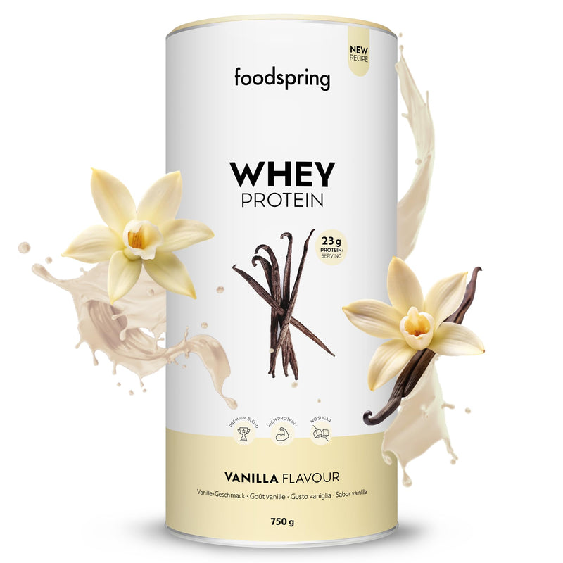 [Australia] - foodspring - Whey Protein Powder Vanilla - With 23g protein for building muscle, perfect solubility, ultra-filtered, rich in BCAAs & EAAs - full-bodied & delicious taste (750g) 