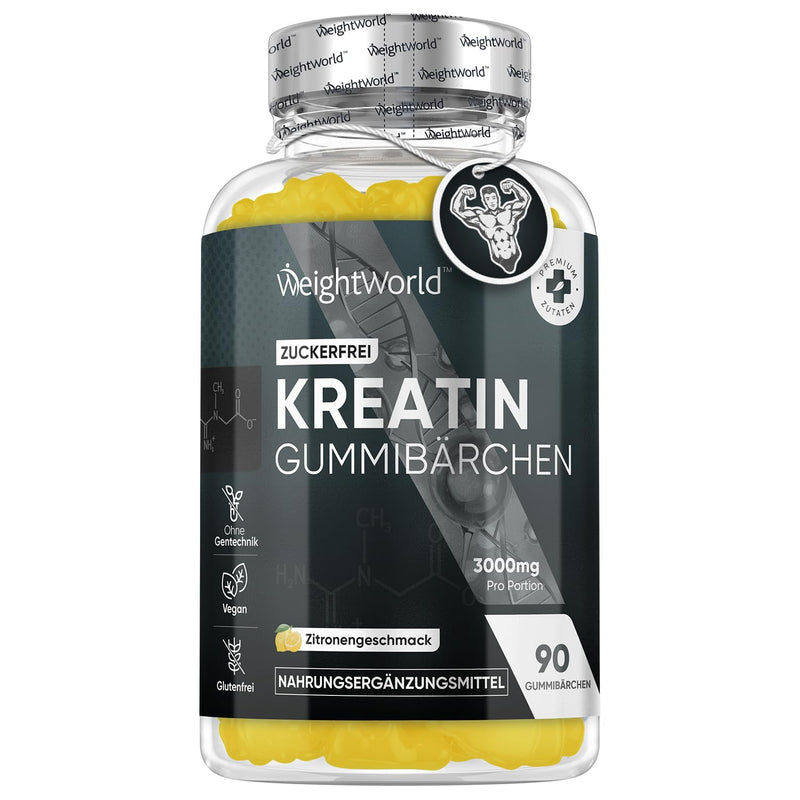 [Australia] - Creatine Monohydrate - 3000mg creatine per serving - 90 gummies without sugar - Delicious alternative to capsules, tablets, powder with lemon flavor - Vegan gummies from WeightWorld 