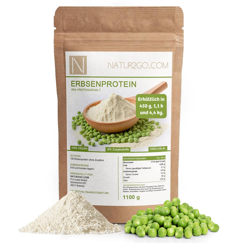 [Australia] - Natur2go 1.1 kg high-quality vegan pea protein powder 85% protein - vegan protein powder, neutral in taste, without sugar, ideal for muscle building and dieting, highly soluble 100% GMO-free (1.1 kg) 