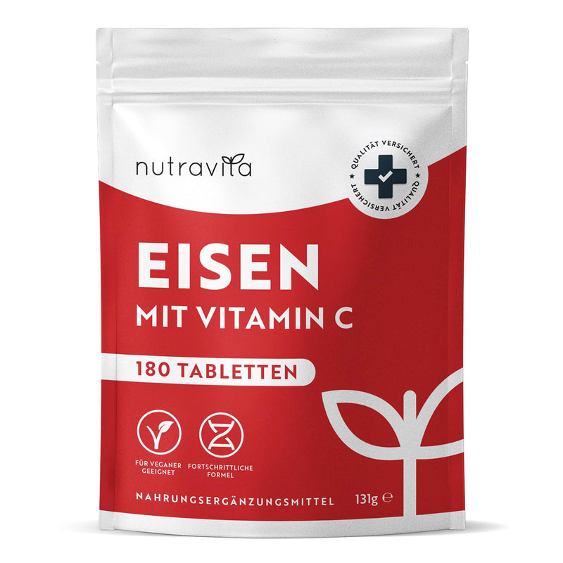 [Australia] - Iron tablets with 40 mg iron + vitamin C (80 mg) - 180 vegan tablets - iron vitamin C high dose - without unwanted additives - 6 month supply - Manufactured by Nutravita 