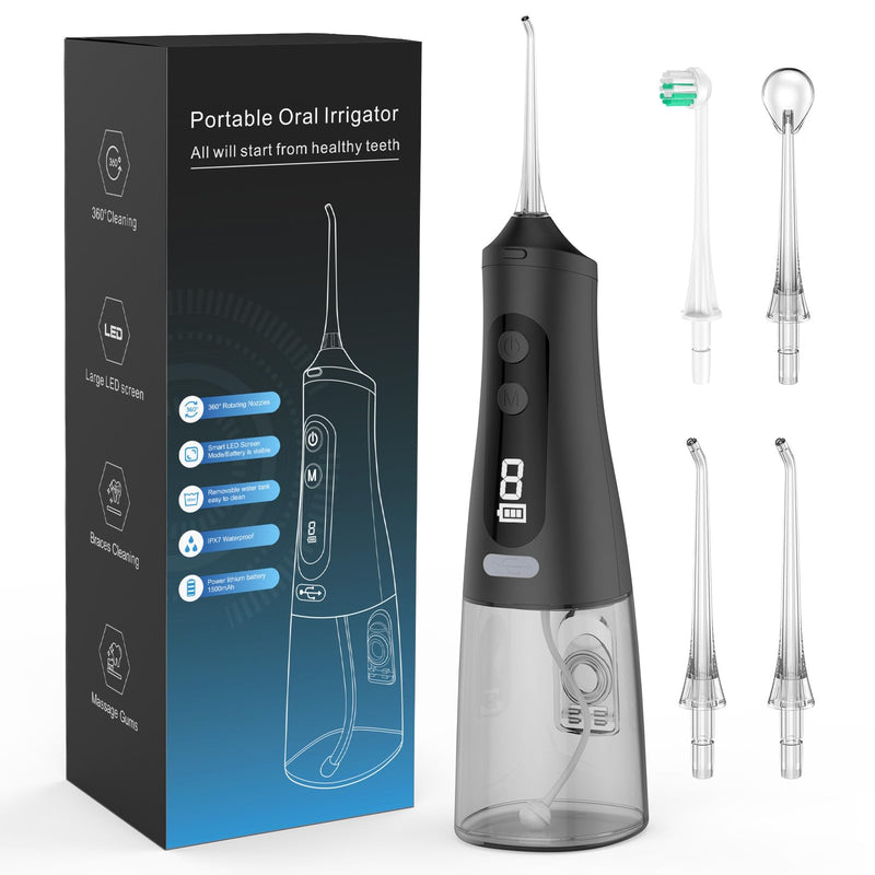 [Australia] - Powerful Oral Irrigator 9 Modes & 4 Nozzles Wireless Oral Irrigator IPX7 Waterproof Water Flosser 350ML Removable Water Tank for Home & Travel Black 