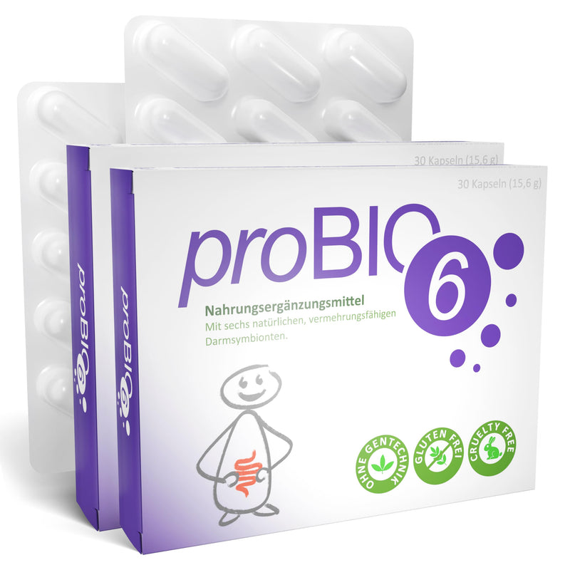 [Australia] - 2 x proBIO6 probiotic capsules, high dosage | From the pharmacy for the intestinal flora | Selected quality strains | Without inulin | 30 capsules intensive treatment and monthly supply | Probiotic intestinal bacteria 60 capsules (pack of 2) 