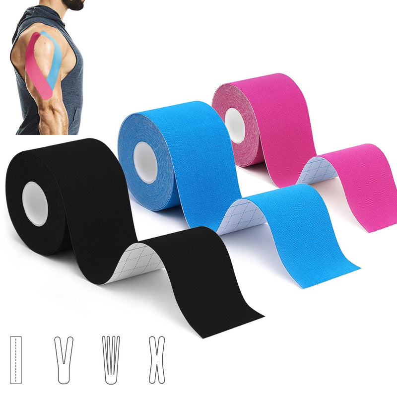 [Australia] - 3 rolls of kinesiology tape (5m x 5cm), professional kinesiology tapes, physio tape, sports tape set, waterproof & skin-friendly kinesiology tape, for muscle support, knee pain, elbows and shoulders 500 x 5 cm (3 rolls) black + blue + pink 