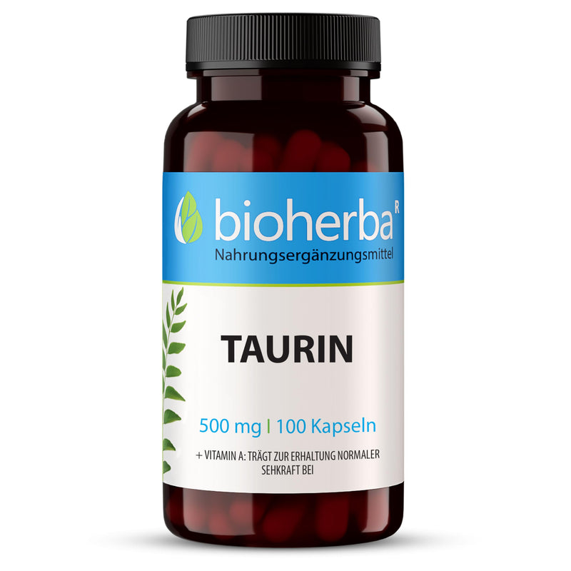 [Australia] - Taurine capsules, high dose 500 mg with vitamin A amino acids Taurine 100 capsules = 100 daily supply - for sports and fitness - pre-workout booster without caffeine - micronutrients - amino acid from BIOHERBA 