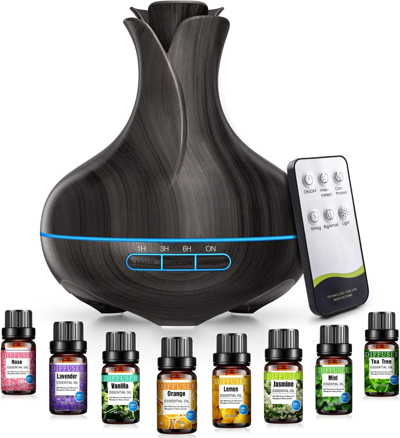 [Australia] - Aroma Diffuser, 600 ML with 8 Essential Oils, Humidifier Bedroom, Humidifier with Remote Control, 4 Timers, Automatic Waterless Shut-off for Large Rooms Blue Black 