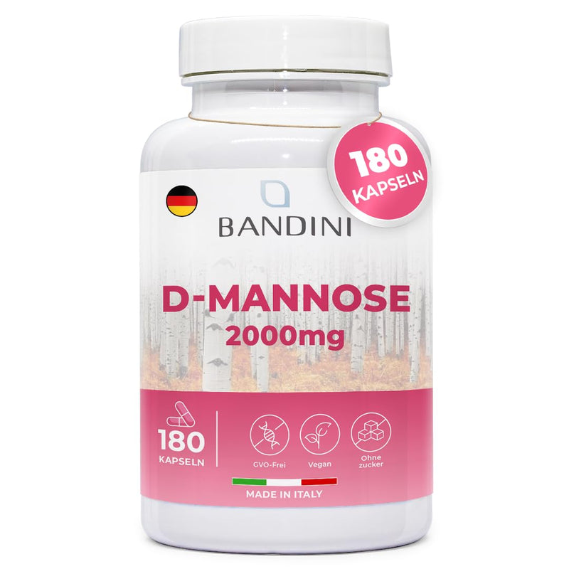[Australia] - Bandini® D Mannose for cystitis, 2000 mg pure, high dosage, 180 capsules, dietary supplement for well-being and support of the urinary tract, D-Mannose, 100% vegan & GMO-free 180 pieces (pack of 1) 