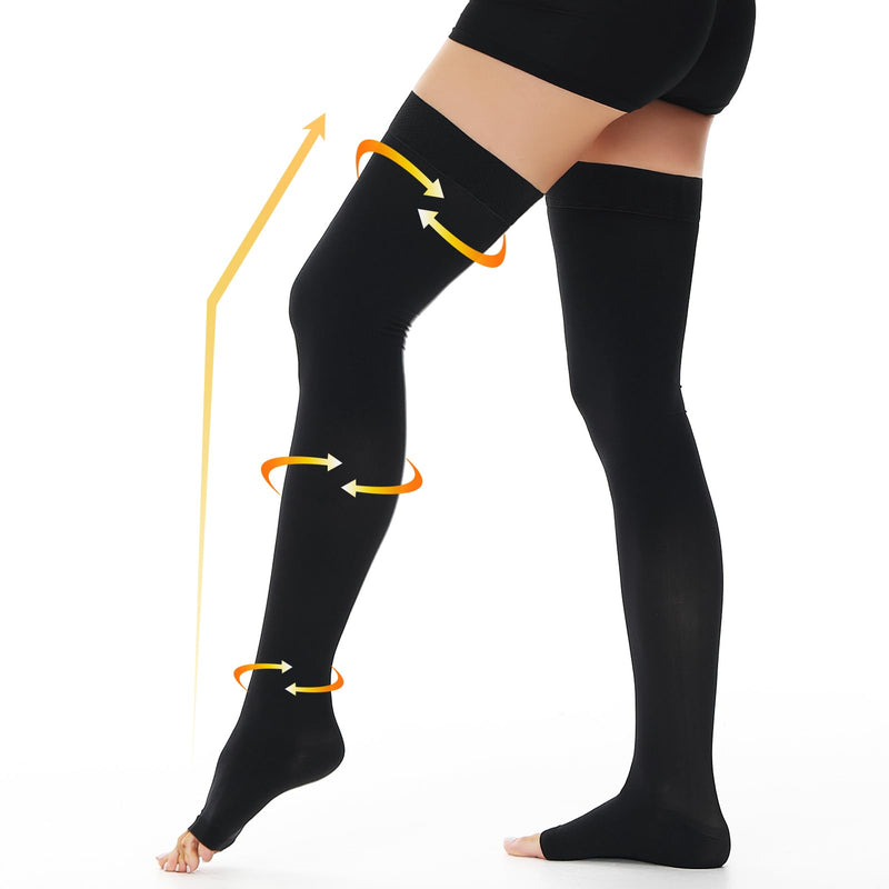 [Australia] - beister 15-20 mmHg Medical Compression Stockings for Men and Women, Open Toe Long Compression Socks with Silicone Band, Class 1 Thigh Support Stockings for Varicose Veins, Edema, DVT, Flight Black XXL 