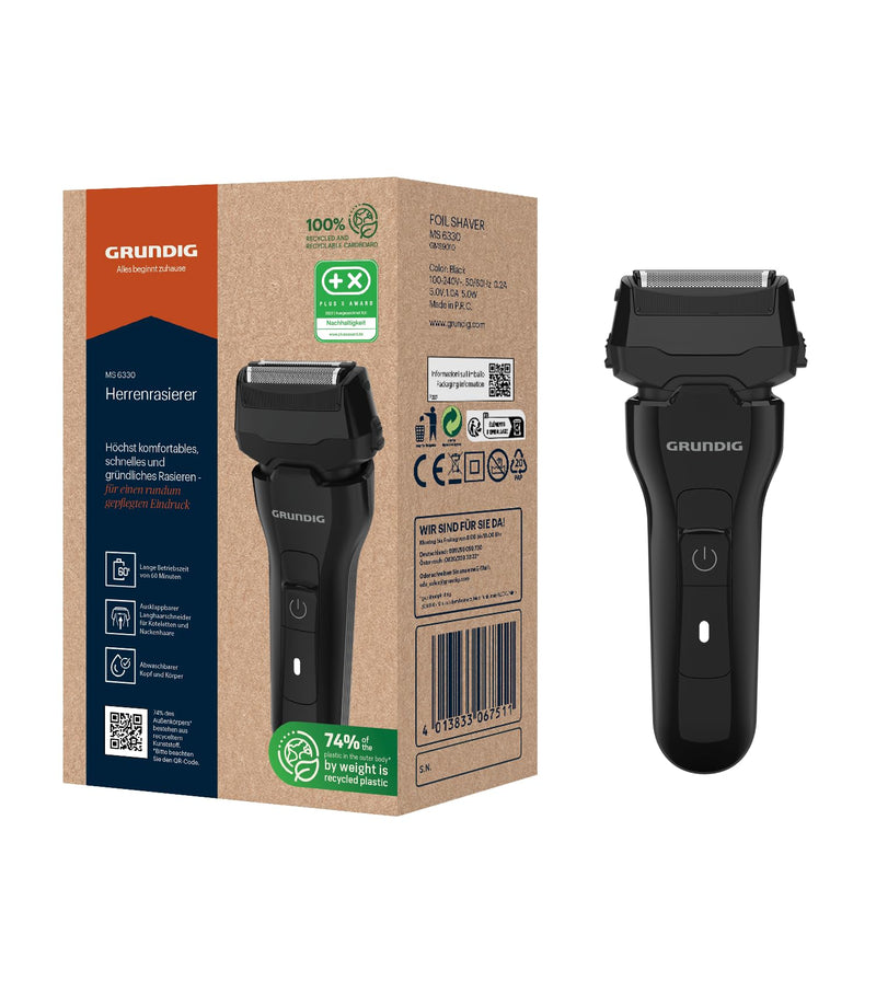 [Australia] - GRUNDIG MS 6330 men's razor, 60 min operating time, fold-out long hair trimmer, 3-fold cutting system, housing made from 74% recycled plastic, worldwide use, black successor 