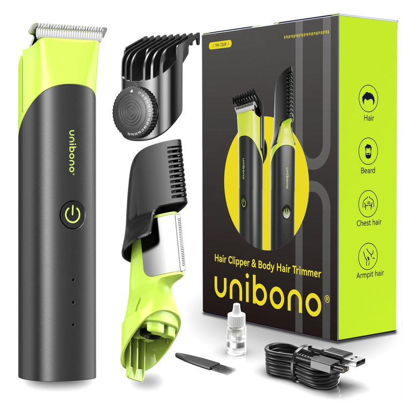 [Australia] - Unibono Electric Body Groomer Men's Set, Intimate Razor Man with Adjustable Guide Comb & Vertical Cutting Head, Body Razor Waterproof Wet-Dry for Head and Body Hair Green 