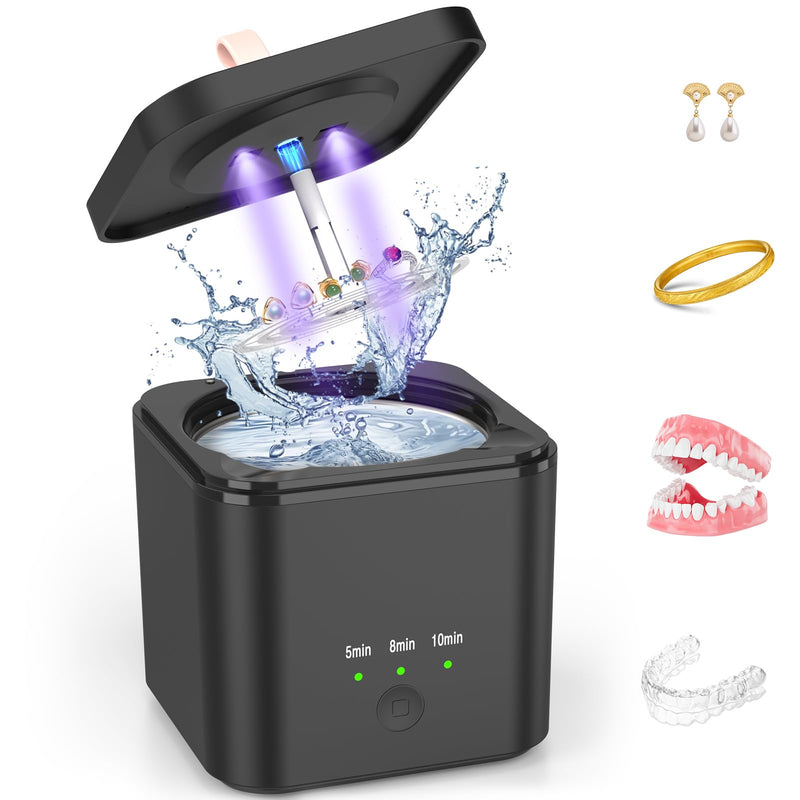 [Australia] - Ultrasonic cleaning device for dentures, HOTOIQ ultrasonic cleaner suitable for braces, dentures, aligner, retainer, mouth guard, whitening trays, rings, earrings, diamonds (black). 