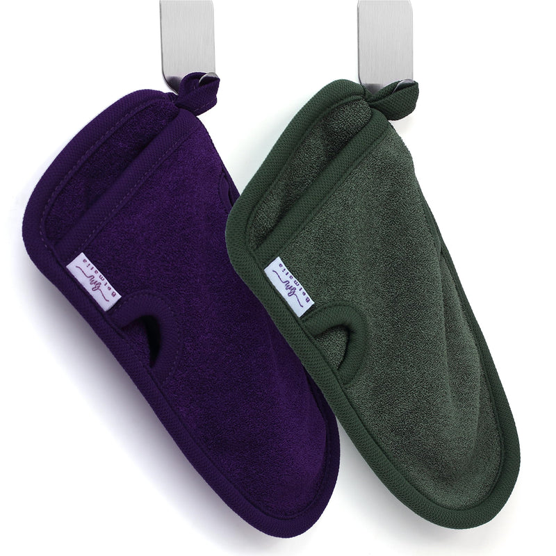 [Australia] - Belmalia 2x peeling gloves made of natural fiber | Body Scrub Sponge Removes Dead Skin | Exfoliating shower sponge for hammam, spa, wellness | Body peeling bath sponge with 2 metal hooks | Purple + Green 