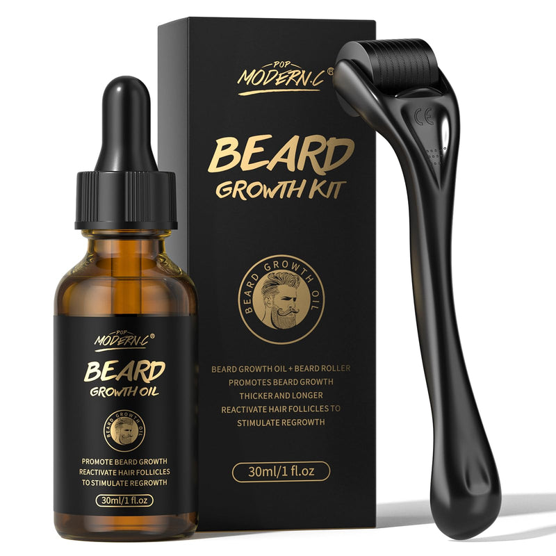[Australia] - Beard Growth Kit - Biotin Beard Growth Oil with Roller to Promote Hair Growth - Beard Serum for Facial Hair Treatment, Male, Thick, 1 Fl Oz 