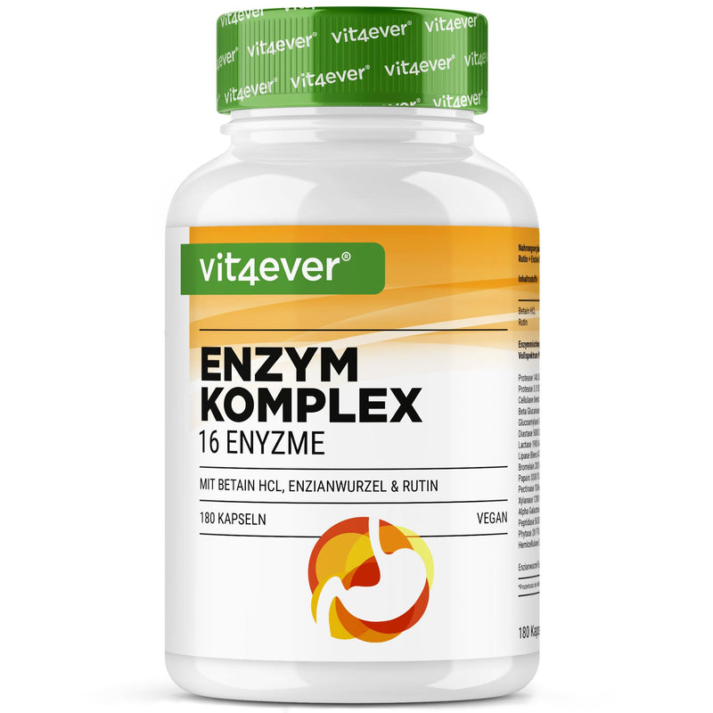 [Australia] - Digestive enzymes - 180 capsules with 16 enzymes plus betaine HCL, rutin & gentian root - with bromelain, papain, amylase, lipase, protease, lactase - vegan - high dosage 