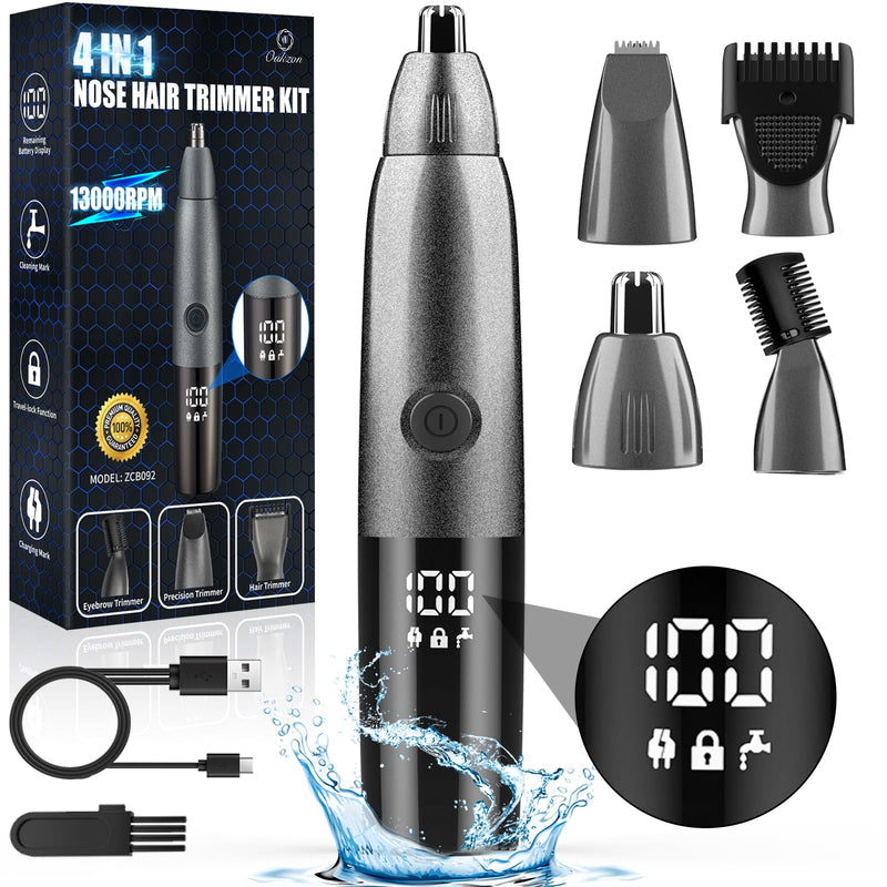 [Australia] - Oukzon Nose Hair Trimmer for Men Women, 4 in 1 Nose Hair Remover USB Rechargeable with LED Display, Professional Painless Nose Hair Trimmer for Nose, Ears, Eyebrows, Face, IPX7 