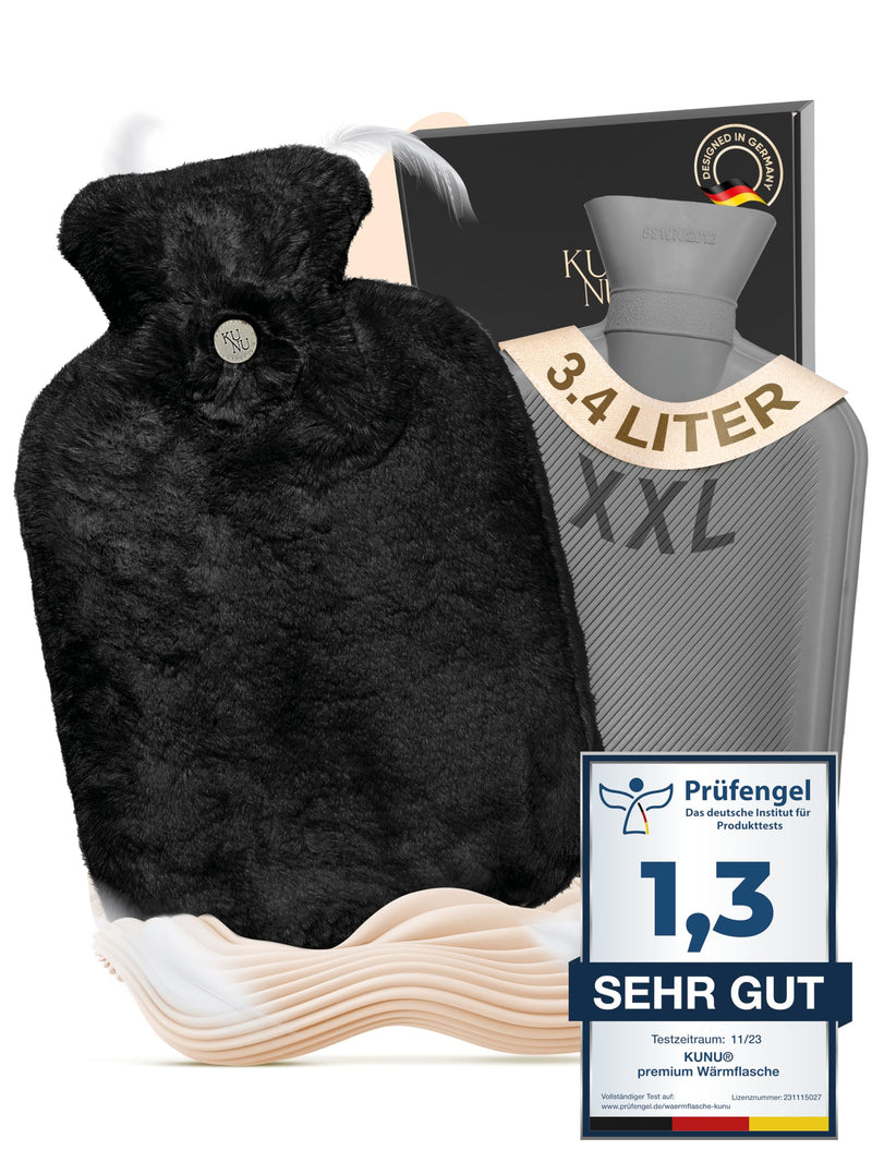 [Australia] - KUNU® the special XXL hot water bottle - 3.4l - incl. gift packaging - with extra cover - irresistibly fluffy - perfect for adults and children - leak-proof and tested Fluffy Black 