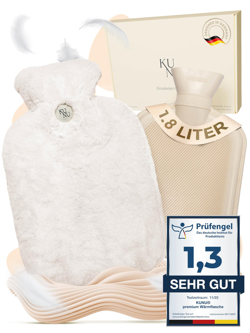 [Australia] - KUNU® the special hot water bottle - 1.8l - incl. gift packaging - with extra cover - irresistibly fluffy - perfect for adults and children - leak-proof and tested Fluffy Cream 