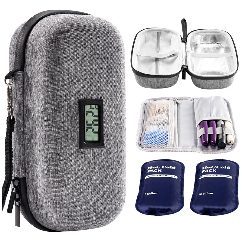 [Australia] - ProCase Insulin Cooler Travel Case Refrigerated Medicine Diabetic Organizer Carry Bag with Thermometer Display 2 Reusable Ice Packs Insulin Cooler Bag Cooler Box for Syringe, Needles, Epipen - Gray Grey 