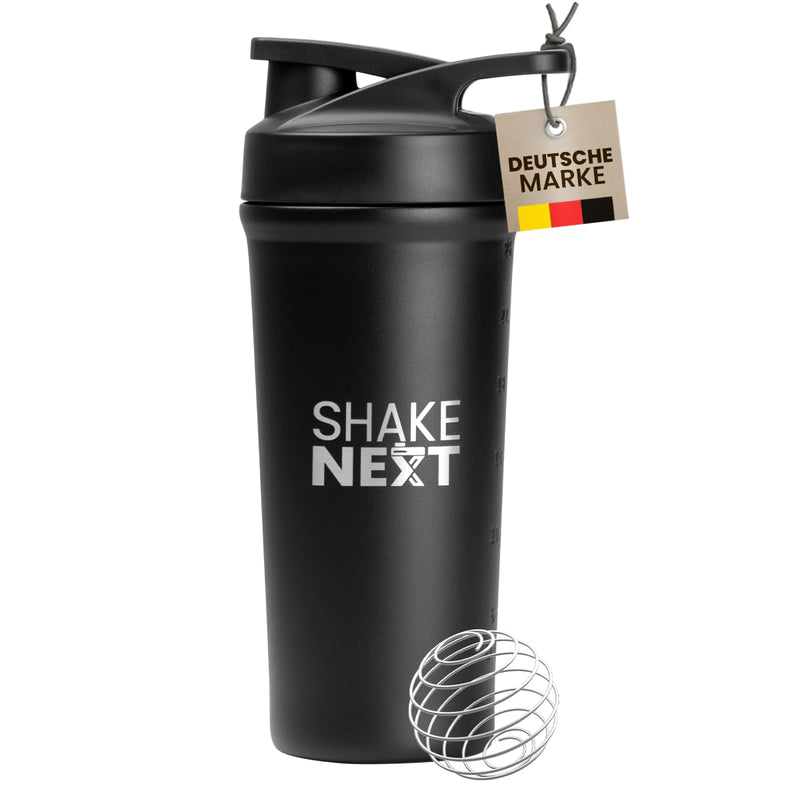 [Australia] - ShakeNext® stainless steel shaker [NEW INTRODUCTION] - Drinking bottle with mix ball 700ml, fitness shaker and protein shaker with leak-proof pressure cap, patented design (black) black 