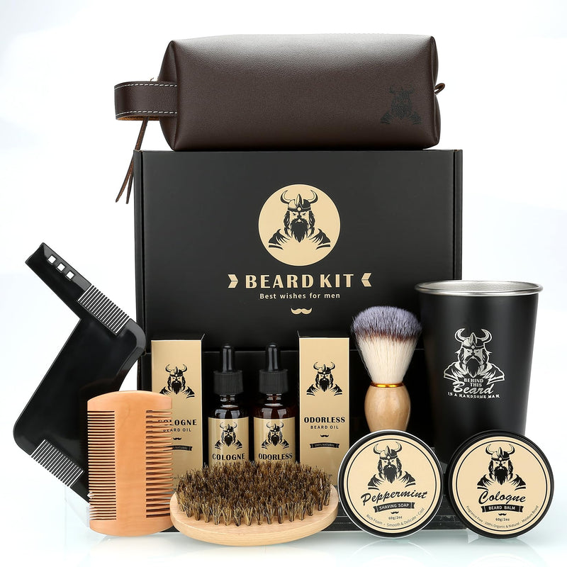 [Australia] - EXREIZST Beard care set for men, beard care set, with 2 beard oil, beard balm, beard comb, beard brush, beard stencils, cups, travel bag, suitable for birthday gifts for men, him, father, husband, brother, friend 