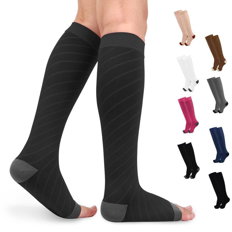 [Australia] - beister 20-30 mmHg Medical Compression Stockings for Men and Women, Open Toe Calf Compression Knee Socks, Graduated Support Stockings for Varicose Veins, Edema, Pregnancy Black Gray L 