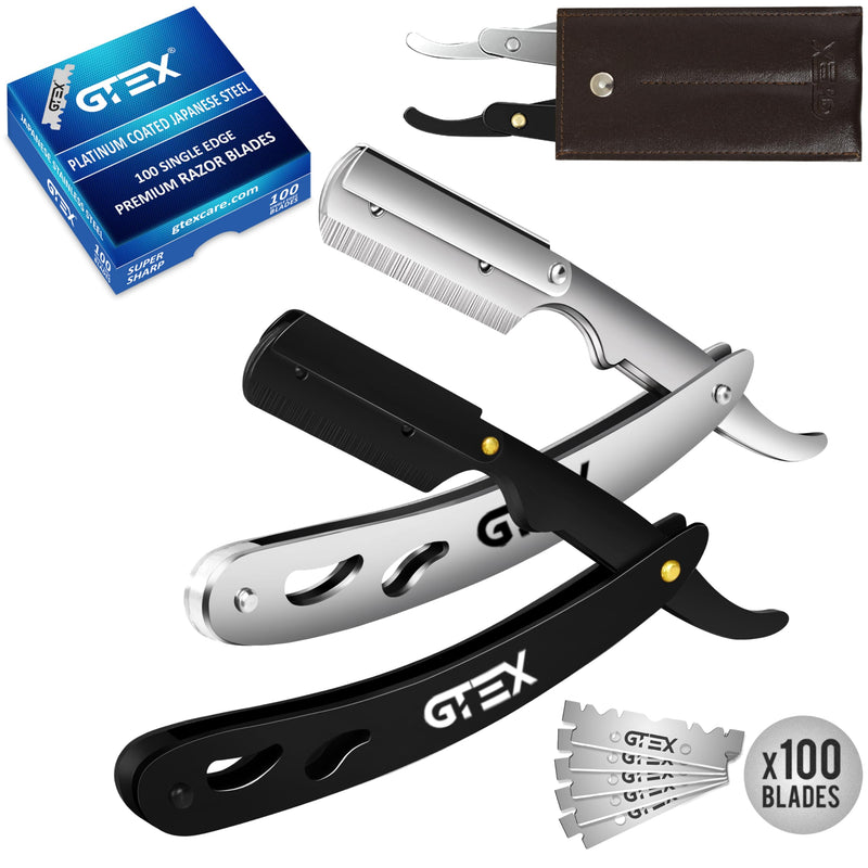 [Australia] - GTEX Razor with 100 Premium GTEX Razor Blades & Leather Case - 2 Men's Razors (Black and Silver) 100 Razor Blades - Straight Razor Razor Men's Ustura Beard Knife Silver and Black 
