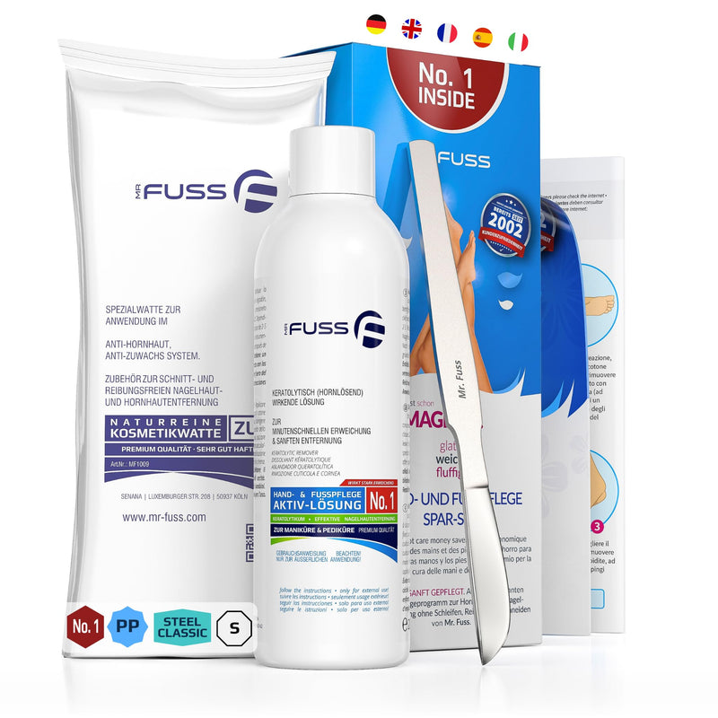 [Australia] - Mr. Fuss® No. 1 - Plus Pack Steel Classic Foot Care Callus Remover Cuticle Remover Economy Pack 3 Pieces, Active Solution Quick & Strong Softening - Standard, 200 ml, cotton wool, callus scraper 