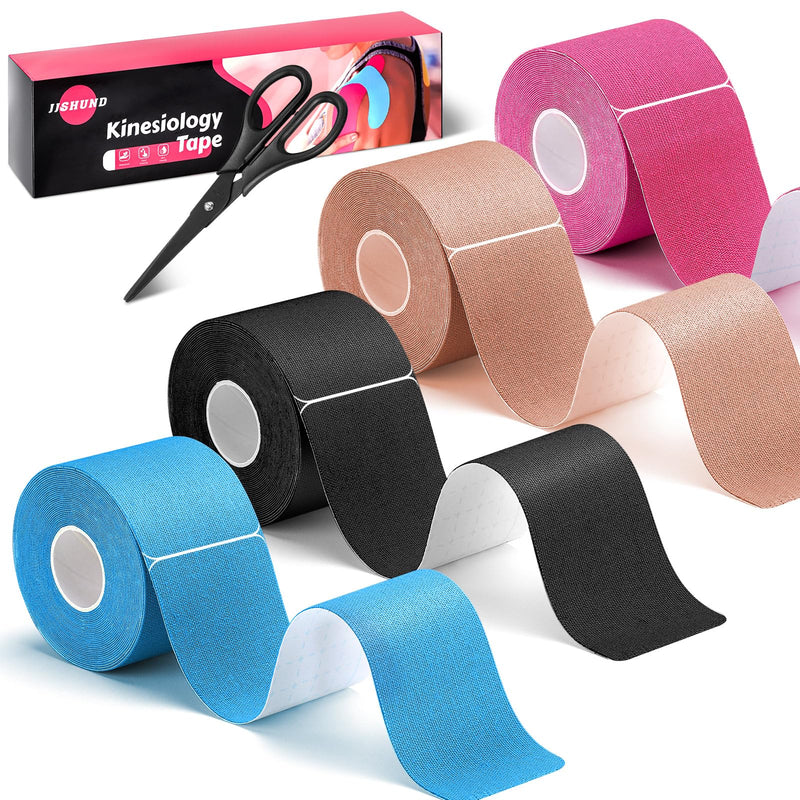 [Australia] - 4 rolls of kinesiology tapes pre-cut, 80 strips of sports tape 5 cm x 25 cm kinesiology tape, elastic, waterproof, skin-friendly physio tape with scissors for sports for elbows, knees, shoulders 