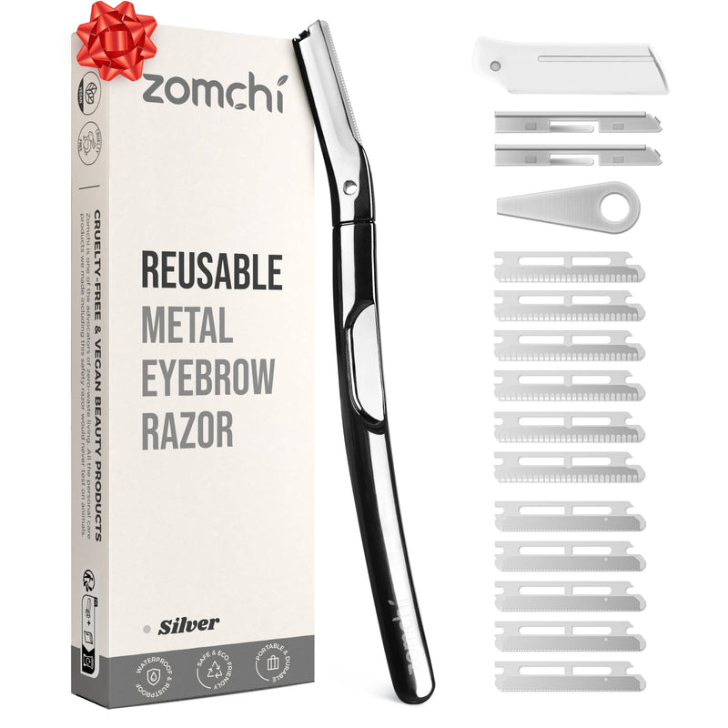 [Australia] - ZOMCHI Eyebrow Razor, Facial Razor for Men and Women, Eyebrow Trimmer with Precise Silicone Case, Facial Razor with 11 Blades (Silver) Metal Silver 