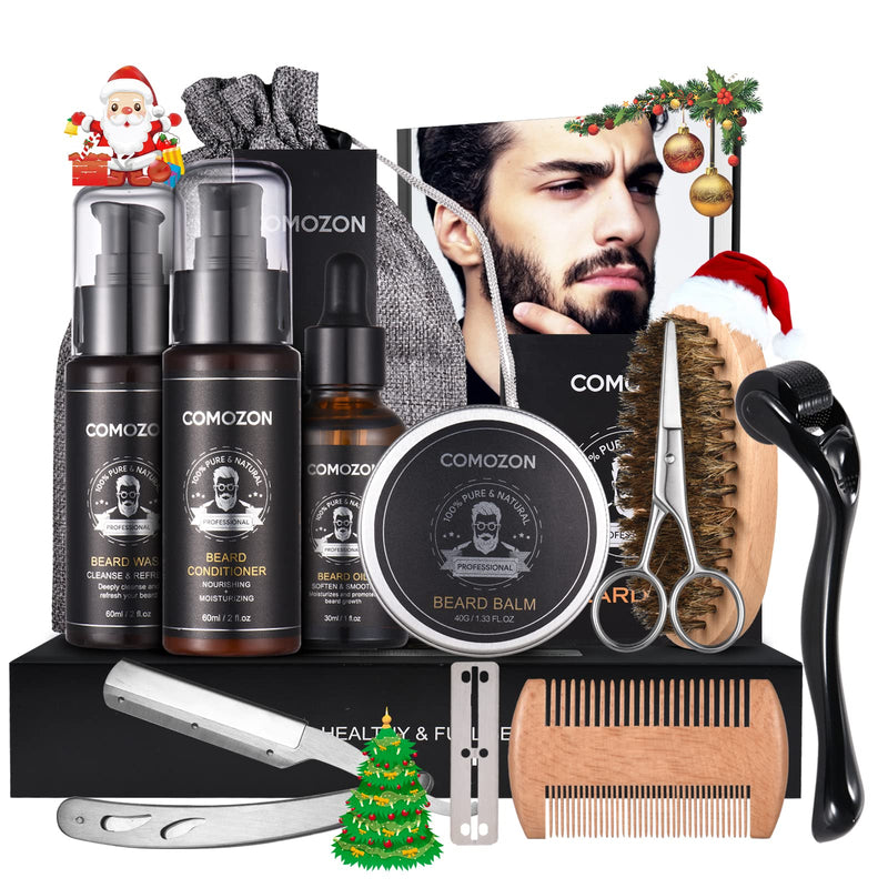 [Australia] - Beard Roller, Beard Care Set with Beard Roller Beard Growth Agent Men Comozon Beard Roller Beard Growth Kit with Beard Shampoo Beard Oil Beard Balm Razor Beard Brush Beard Comb Beard Scissors 12-in-1 