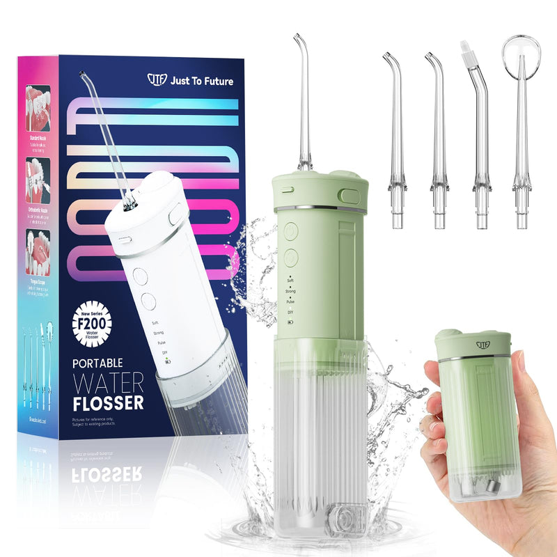 [Australia] - JTF Oral Irrigator Mini, Portable Electric Teeth Cleaning Wireless, Travel Interdental Cleaner with 5 Replacement Nozzles, 4 Modes Water Flosser, 230ML Retractable Water Tank, IPX7 Waterproof (Green) Green 