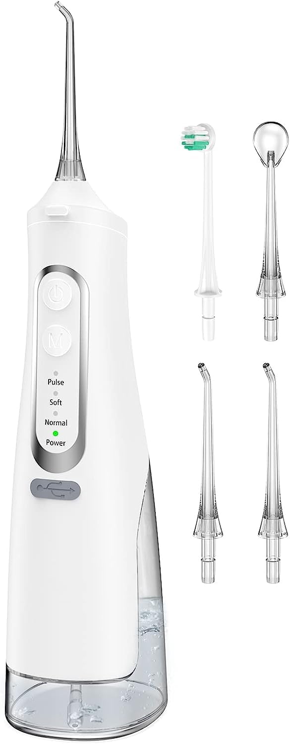 [Australia] - Powerful Oral Irrigator Electric Tooth Cleaner 4 Modes & 4 Nozzles Wireless Oral Irrigator IPX7 Waterproof Water Flosser 310ML Removable Water Tank for Ten Home and Travel Use (White) White 