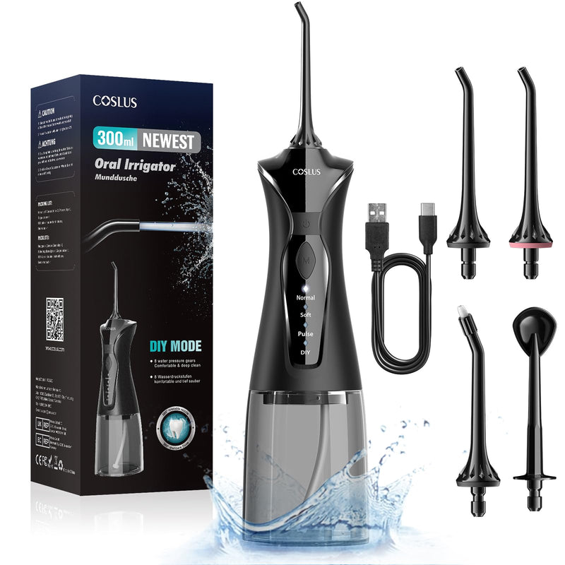 [Australia] - COSLUS oral irrigator wireless electric tooth cleaner: 4 modes oral irrigator wireless 300ml water tank oral irrigator quick charge for 30 days battery life interdental space cleaner black 