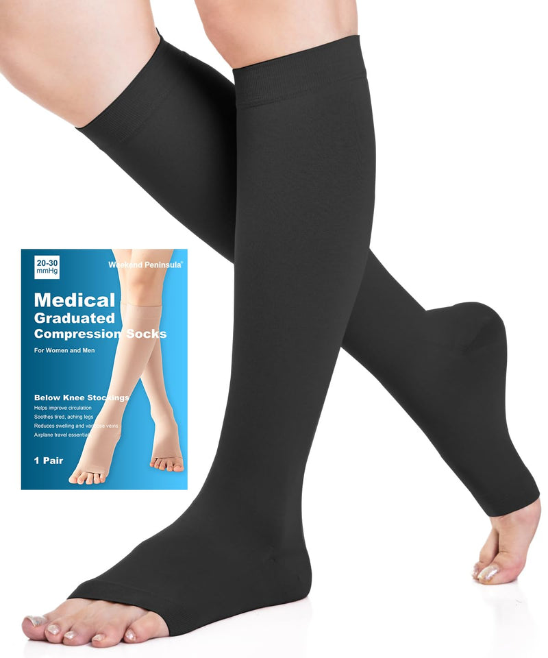 [Australia] - Open Toe Medical Compression Stockings Women & Men 20-30 mmHg Class 2, Size S-4XL, Compression Socks Support Stockings for Varicose Veins Edema Flight XXL Black 