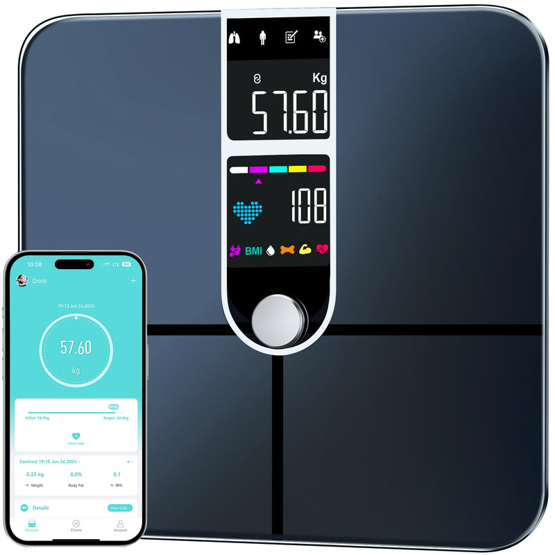 [Australia] - Body fat scales with large display, ultra precision scales with body fat and muscle mass, personal scales with body fat analysis, people scales with 22 measurements, heart rate, BMI, body analysis scales 