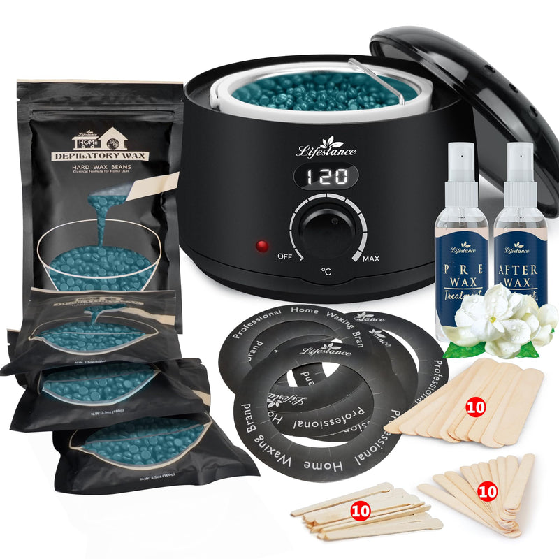 [Australia] - Lifestance Waxing Set Professional, Wax Warmer Wax Hair Removal with 400g Wax, 20 Wax Sticks, 10 Eyebrow Sticks, a Pre- and Post-Treatment Lotion, 5 Paper Rings Digital Body Waxing Set 100 g (Pack of 4) 