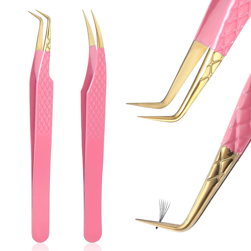 [Australia] - Tyqour Pack of 2 Eyelash Tweezers, Tweezers with Curved Tips Made of Stainless Steel, Professional Eyelash Tweezers for Eyelash Extensions Pink 
