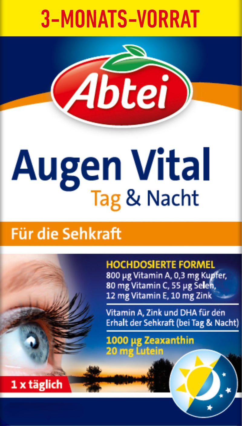 [Australia] - Abtei Augen Vital day and night – to maintain vision – high dosage, gluten-free, lactose-free – supply pack – 90 capsules for 3 months 