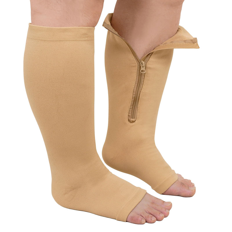 [Australia] - ZFSOCK Compression Stockings Thick Calf Support Stockings: Medical Compression Socks Zipper Sports Women Plus Size Open Toes Men Varicose Veins Thrombosis Stockings 1 Pair 20-30mmHg L-XL Beige-1 Pair 