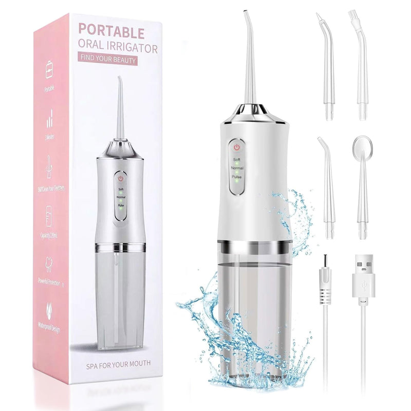 [Australia] - MeYuxg Water Oral Irrigator Wireless, Portable Electric Tooth Cleaner, 3 Modes & 4 Nozzles, Wireless Oral Irrigator IPX7 Waterproof Water Flosser 300ML Removable Water Tank for Ten Home and Travel Use 