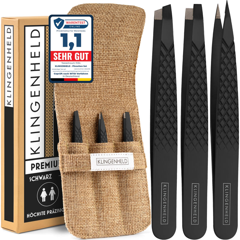 [Australia] - KLINGENHELD® professional tweezers set with ComfortGrip tips & anti-slip handle - maximum hold & highest precision - including cotton case 100% plastic-free & sustainable - tweezers for plucking eyebrows black 