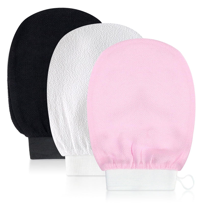 [Australia] - Soodyoow 3 pieces exfoliating gloves, peeling gloves, peeling gloves, bathing gloves, exfoliating gloves for skin massage, removing dead skin, for women and men (black, white, pink) 3 pieces (black, white, pink). 