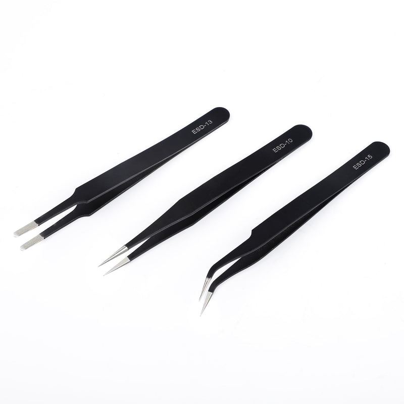[Australia] - Tweezers set of 3 precision tweezers, anti-static ESD safety, stainless steel tweezers set, non-magnetic, for detailed work and repairs of computers, cell phones, watches 12.5 cm 