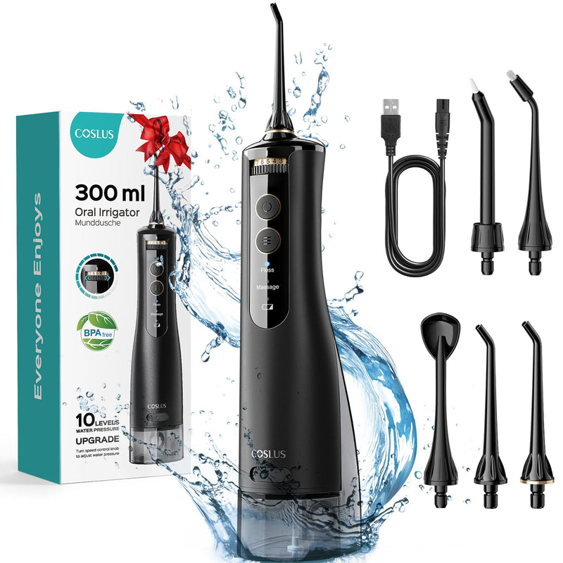 [Australia] - Oral Irrigator Wireless 2025 Upgraded COSLUS Electric Tooth Cleaner: 10 Levels Gentle Control & 300ML Water Tank Portable Rechargeable Dental Irrigator Teeth Flosser Waterproof Oral Irrigator Test Winner Black 