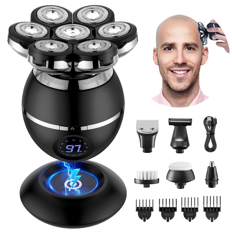 [Australia] - ETENTOUS Men's Electric Bald Shaver, 7D Electric Shaver for Men - 6 in 1 Head Shaver for Men with Bald Head IPX7 Waterproof Beard Nose Hair Trimmer Care Kit - Wet & Dry Head Shaver Bald Head. 7d-black 